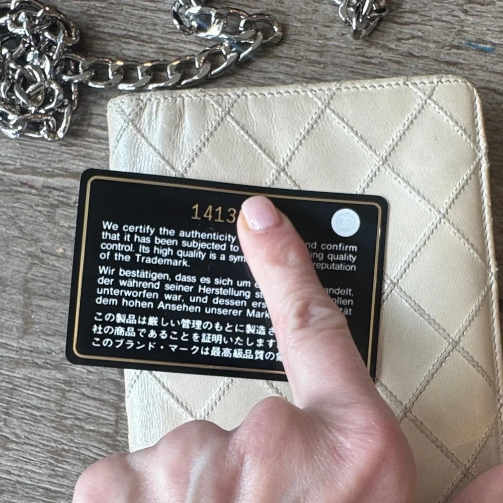 CHANEL Quilted Card Case Wallet in Beige Leather with Silver CC